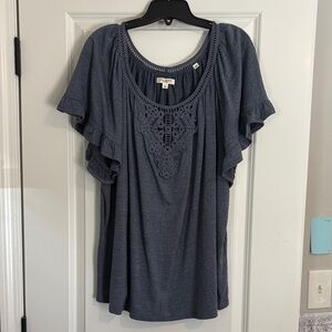 Max Studio Navy Blouse with Crochet Accent